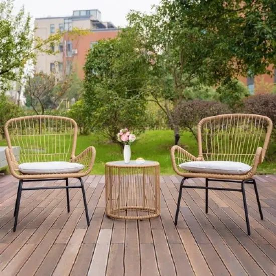 3pc Outdoor Wicker Chairs with Glass Top Table & Soft Cushions - Brown - WELLFOR image {1}