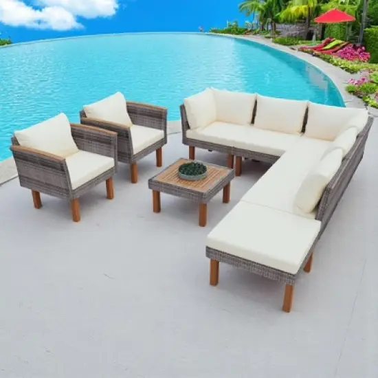 9-Piece Outdoor Patio Furniture Set with PE Wicker, Acacia Wood, Removable Cushions & Pillows, Multi-Functional Modular Sofa image {15}