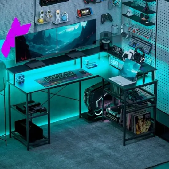 HOMCOM L Shaped Desk with LED Lights and Power Outlets, 59" Gaming Desk with Monitor Stand and Storage Shelves, Corner Computer Desk image {5}