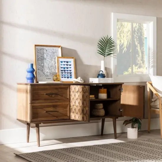 58" Modern Boho Solid Pine Wood Closed Storage Sideboard Brown - Saracina Home image {8}