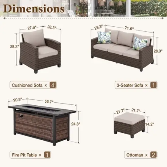 Captiva Designs 8pc Outdoor Patio Wicker Rattan Cushioned Fire Pit Set with Ottomans and Single Sofas image {1}