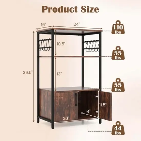 Costway 3-Tier Kitchen Baker&rsquo;s Rack with Cabinet 2 Open Shelves 10 S-Shaped Hooks image {2}
