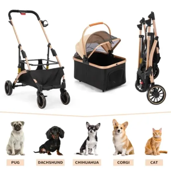 Sandinrayli 3-in-1 Foldable Pet Stroller for Dogs and Cats with Detachable Carrier, 6 Shock Absorbers, Rose Gold image {1}