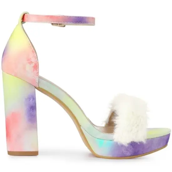 Perphy Women's Tie Dye Platform Fur Chunky Heels Sandals image {5}