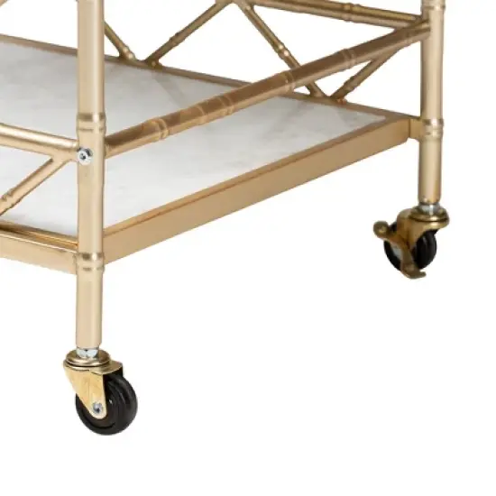 Mela Metal and Marble 2 Tier Wine Cart Gold/White Marble - Baxton Studio image {5}
