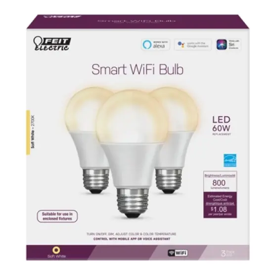 Feit A19 E26 (Medium) Smart-Enabled LED Smart WiFi Bulb Soft White 60 Watt Equivalence 3 pk image {1}