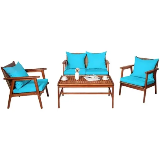 Costway 4PCS Patio Rattan Furniture Set Acacia Wood Frame Cushioned Sofa Chair Turquoise image {7}