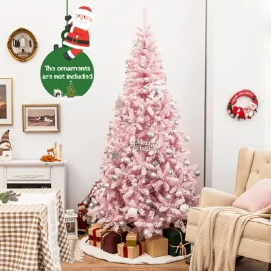 Costway 7.5FT Pre-Lit Snow Flocked Pink Christmas Tree 1100 Tips w/ 450 Lights & 8 Modes image {2}