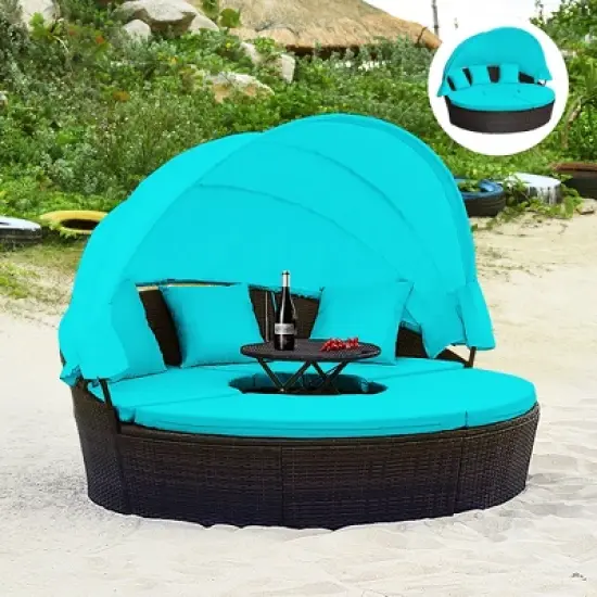 Tangkula Cushioned Patio Rattan Round Daybed w/ Adjustable Table 3 Pillows Turquoise image {3}
