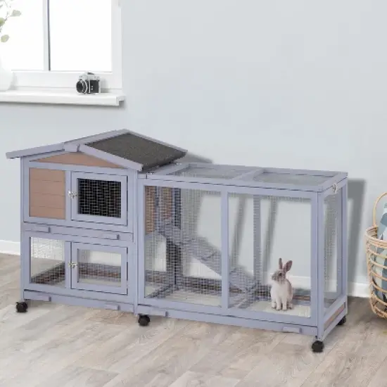 FDW Wood Rabbit Hutch Rabbit Cage Bunny Hutch Rolling Large Bunny Cage Indoor Outdoor Two Story Guinea Pig Hutch Rabbit House with Wheels, Grey image {1}