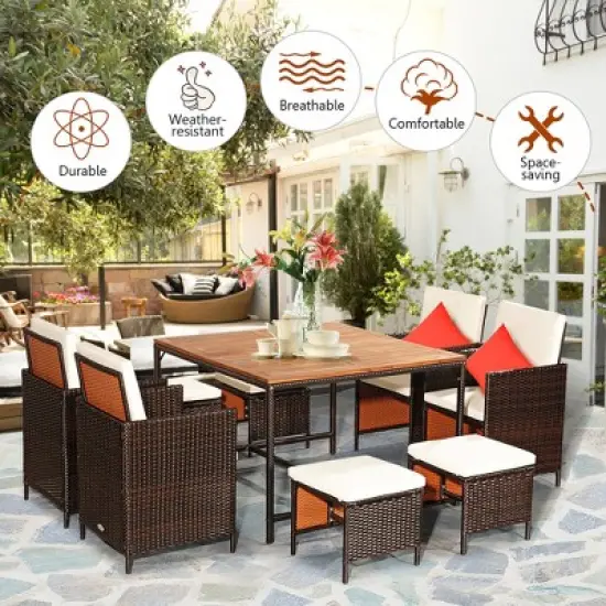 Costway 9PCS  Acacia Wood Patio Rattan Dining Set Cushioned Chairs Ottoman image {4}