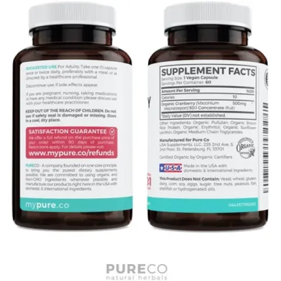 Pure Co Organic Cranberry Concentrate Capsules, Urinary Tract Support and Kidney Cleanse, 60ct image {1}