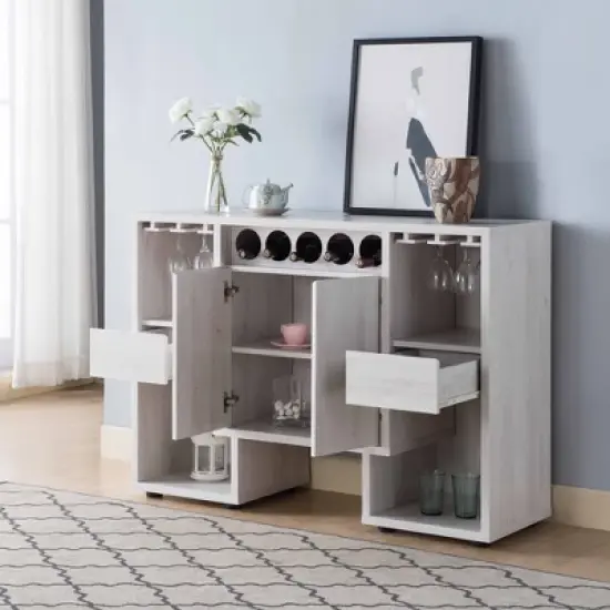 FC Design Modern 47.25"W Sideboard Buffet Table Wooden Bar Storage Cabinet with Wine Rack and Glass Holder in White Oak Finish image {2}