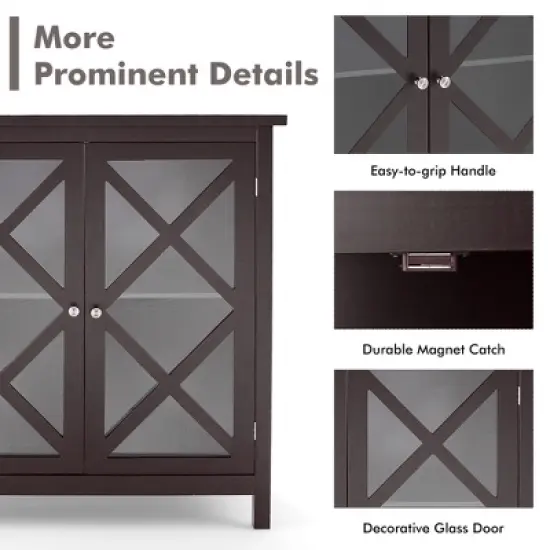 Costway Kitchen Buffet Sideboard Storage Cabinet w/Glass Doors & Adjustable Shelf White\Brown image {8}