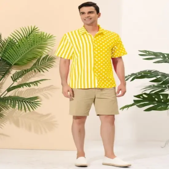 Lars Amadeus Men's Summer Stripe Polka Dots Short Sleeves Button Patchwork Hawaiian Shirt image {3}