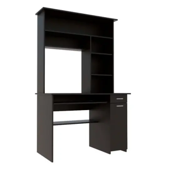 PAGED Computer Desk with Hutch and Bookshelf, Keyboard Tray, Door Panel For CPU, Multiple Shelves and 1 Drawer, Particle Board, Black image {1}