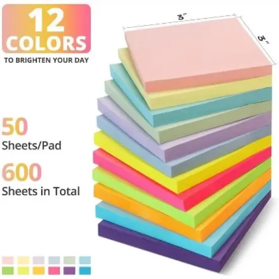 Sticky Notes, 12 Pads, 3x3 inches, Soft Pastel Self-Stick Note Pads, Perfect for Office, Study, and Daily Life Organization 600sheet image {2}