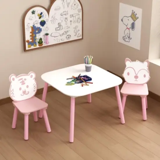 Yinvani 3-Piece Kids Table and Chair Set, Kids Activity Table for Drawing, Learning,Playroom or Nursery(Pink&White) image {5}