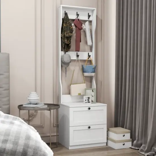 SKRAN 2-in-1 Coat Rack and NightstandWood Bedside/Entryway Storage Organizer with Drawer & Hooks,Freestanding Clothes Hanger for Bedroom,Hallway,White image {13}