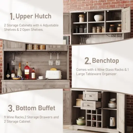 Gulches Timeless Multi-Functional Coffee and Wine Bar Cabinet Open Shelves, 9 Grid Bottle Holders, 6 Hooks and High Quality Build image {6}