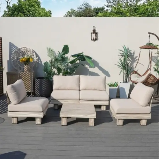 Moda Furnishings 4-Person Outdoor Patio Aluminum Wood Grain Sectional Seating Group With Beige Cushions image {2}