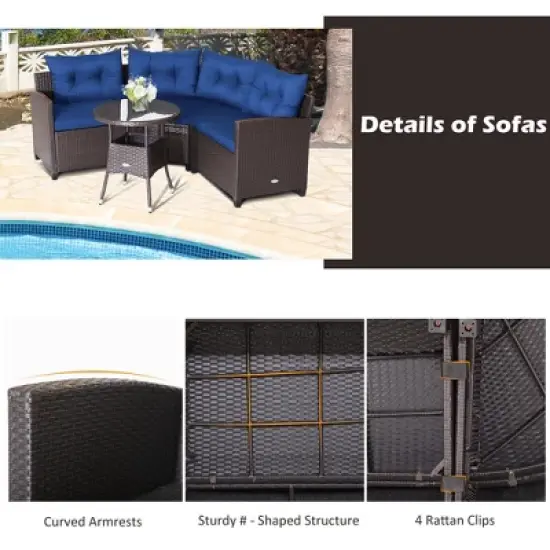 Tangkula 4PCS Wicker Patio Sofa Set Rattan Outdoor Furniture Set w/ Navy Cushions image {3}