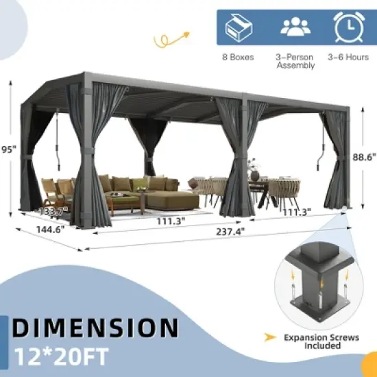 EROMMY 12x20 Louvered Pergola, Dark Grey Aluminum Structure with Adjustable Rainproof Pitched Roof image {3}