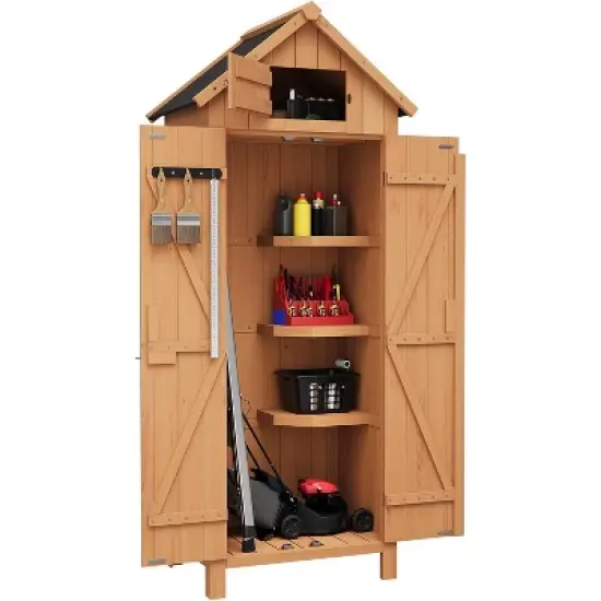 Acekool 63" Outdoor Wooden Storage Shed, Waterproof Vertical Garden Cabinet, 3 Shelves, Lockable Doors, Space-Saving Tool Organizer for Patio Yard image {9}