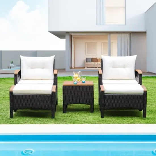 Tangkula Outdoor Patio 5PCS Rattan Conversation Furniture Set Acacia Wood Frame Chair with Coffee Table & 2 Ottomans for Backyard&Poolside image {1}