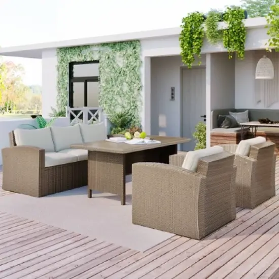 4pc Outdoor Wicker Conversation Set with Cushions - Beige - GODEER image {3}