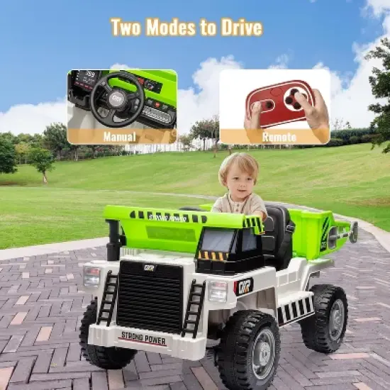 Ride On Dump Truck, 4 Wheeler Toy, 12V Ride On Car with Remote Control, Electric Cars for Kids with Dump Bed, Shovel, White image {5}
