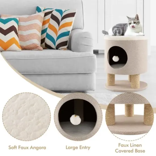 Costway 3-IN-1 Cat Condo Stool Kitty Bed with Scratching Posts & Plush Ball Toy Beige/Grey image {8}
