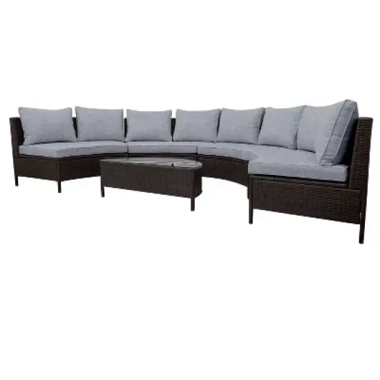 FIONECA 5-Piece Outdoor Patio Sectional Sofa Set, Brown PE Rattan Half-Moon Sofa with Tempered Glass Table & Gray Cushions image {4}