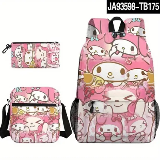 Paaaawaters Cute Cartoon Print Pink Canvas Backpack Set with Crossbody Bag Pencil Case 3pcs image {1}