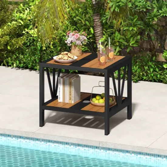 Tangkula 2PCS Outdoor Side Table 2-Tier Coffee End Table w/ 1.57" Umbrella Hole Storage Shelf image {1}