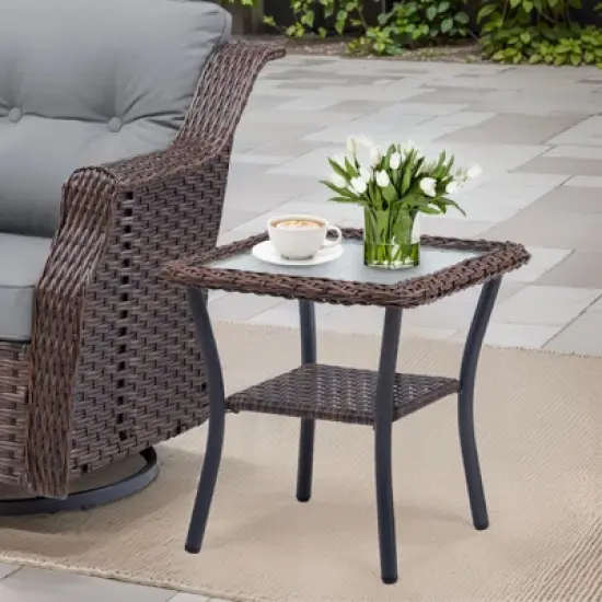 Buenhomino 6-Piece Outdoor Wicker Swivel Rocker Chair Set with 4 Chairs & 2 Tables, All-Weather PE Rattan Glider Chairs with Cushions for Patio image {7}