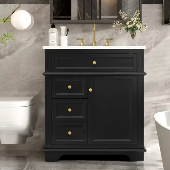 Christopher Knight Home Alonzo Modern 30" Bathroom Vanity with Ceramic Sink, One Shelf and Four Drawers image {9}