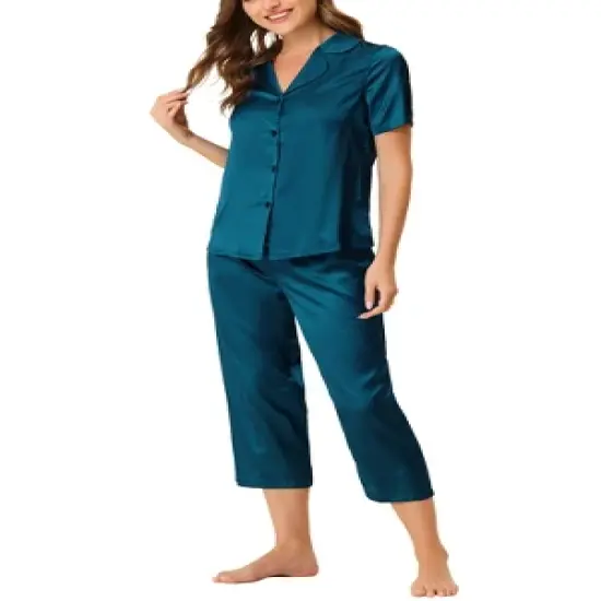 cheibear Womens Pajama Sleepwear Button Down with Capri Pants Satin Lounge Pjs Set image {1}