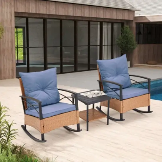 EROMMY 3-Piece Bistro Set,Outdoor PE Rattan Rocking Chairs with Cushions and Coffee Table,Patio Rocker Chair Set for Porch and Backyard image {6}