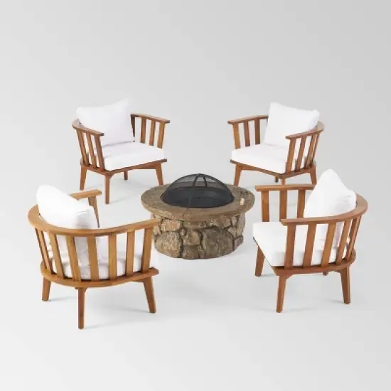 Clarendon 5pc Acacia Wood Club Chairs and Fire Pit Set - Teak/White/Natural Stone - Christopher Knight Home image {1}