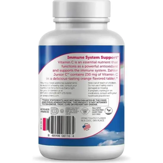 Zahler Junior C, Chewable Vitamin C for Kids, Immune System Support, Certified Kosher - 90 Orange Flavored Chewable Tablets image {2}