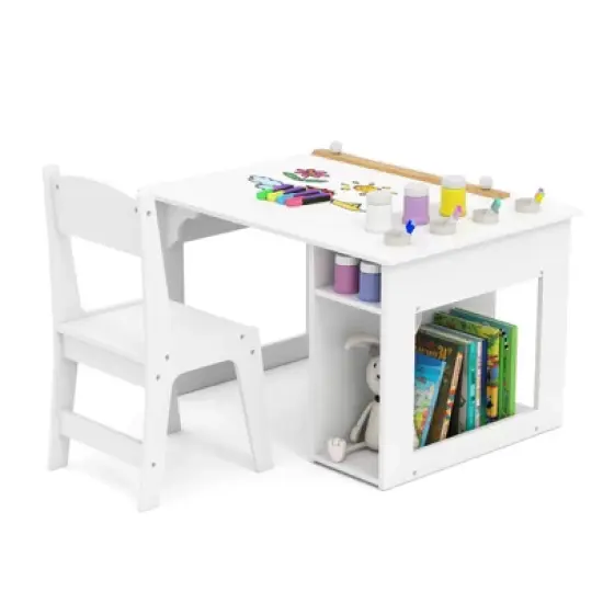 Infans Kid&rsquo;s Art Table & Chair Set with Paper Roll 4 Paint Cups & 2 Storage Shelves image {10}