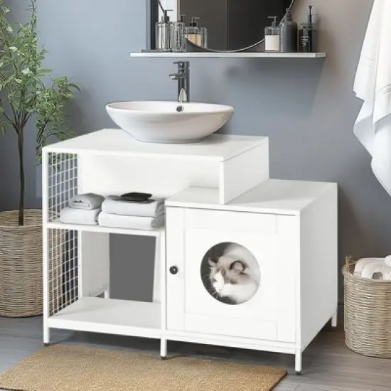 DSVIMOY Cat Litter Box Enclosure for Bathroom, Hidden Litter Pet Washroom with Divider, Indoor Cat House for Large Cats, White, 34.45"*21.26"*25.98" image {4}