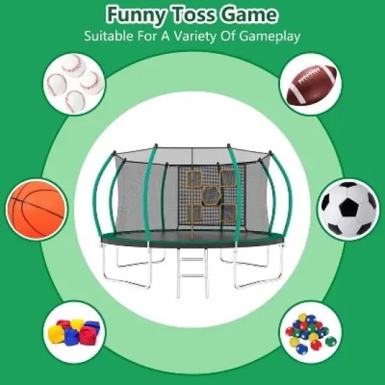 BestParts 14FT Round Trampoline with Ladder, Safety Net & Toss Target Game &ndash; Green Steel Frame image {4}