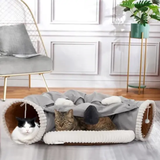 FURNIinspire Pet Crates and Houses, Patio Seating Sets, Washable Cat Hide Tunnel with Hanging Toys and Cushion Mat, Gray, 41.34"*23.62"*10.63" image {1}