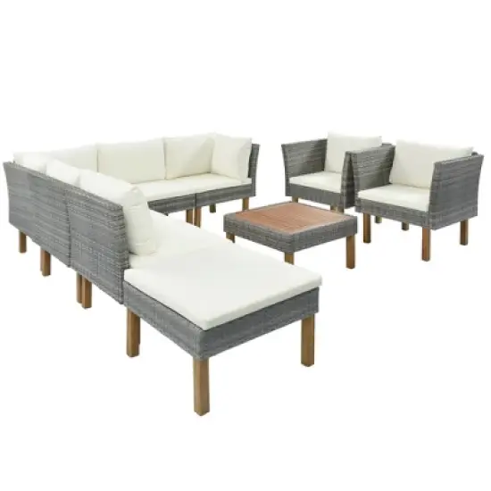 9pc Wicker & Acacia Wood Patio Conversation Set with Cushions - Beige - GODEER image {6}