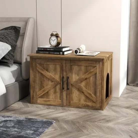 Tangkula Cat Litter Box Enclosure w/ Double Barn Doors Removable Divider Middle Entry image {3}