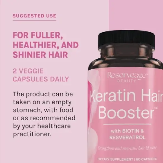 Reserveage Beauty, Keratin Hair Booster with Biotin & Resveratrol, Hair and Nail Growth Supplement for Men and Women image {4}