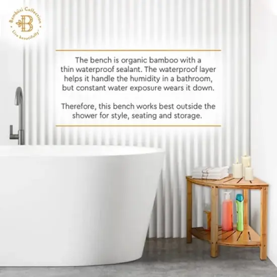 Bambusi Bamboo Corner Bench with Shelf for Bathroom, Living Room, Entryway or Outside image {4}