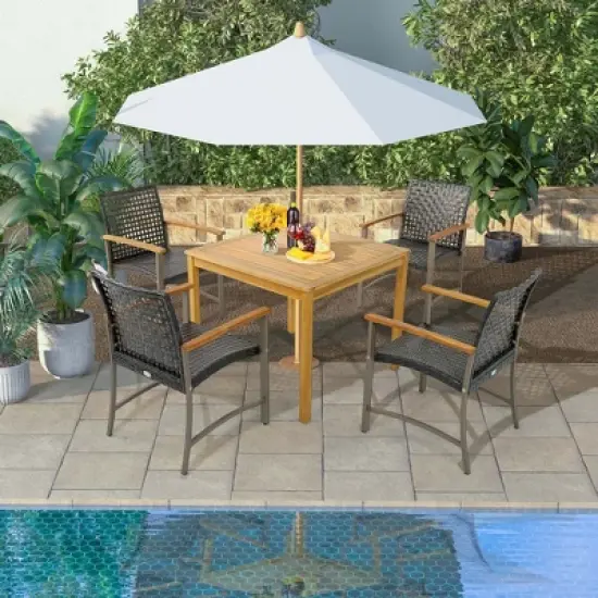 Costway Set of 4 Patio Dining Chairs Outdoor Wicker Armchairs with Acacia Wood Armrests image {2}